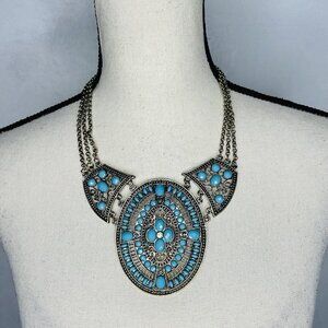 Treska Gold Turquoise Filigree Bib Statement Necklace 15"